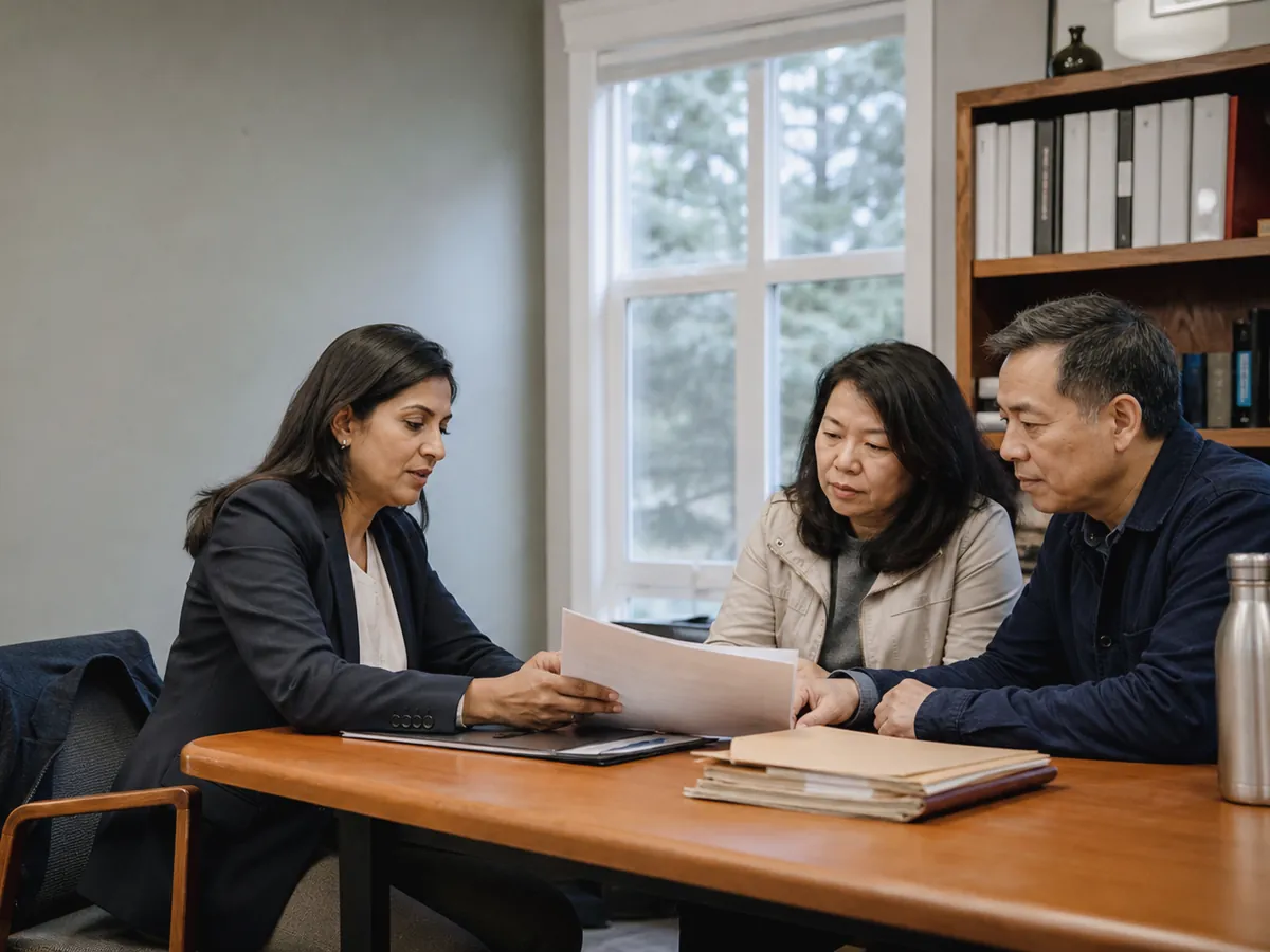 A lawyer meeting with clients in a calm Vancouver office