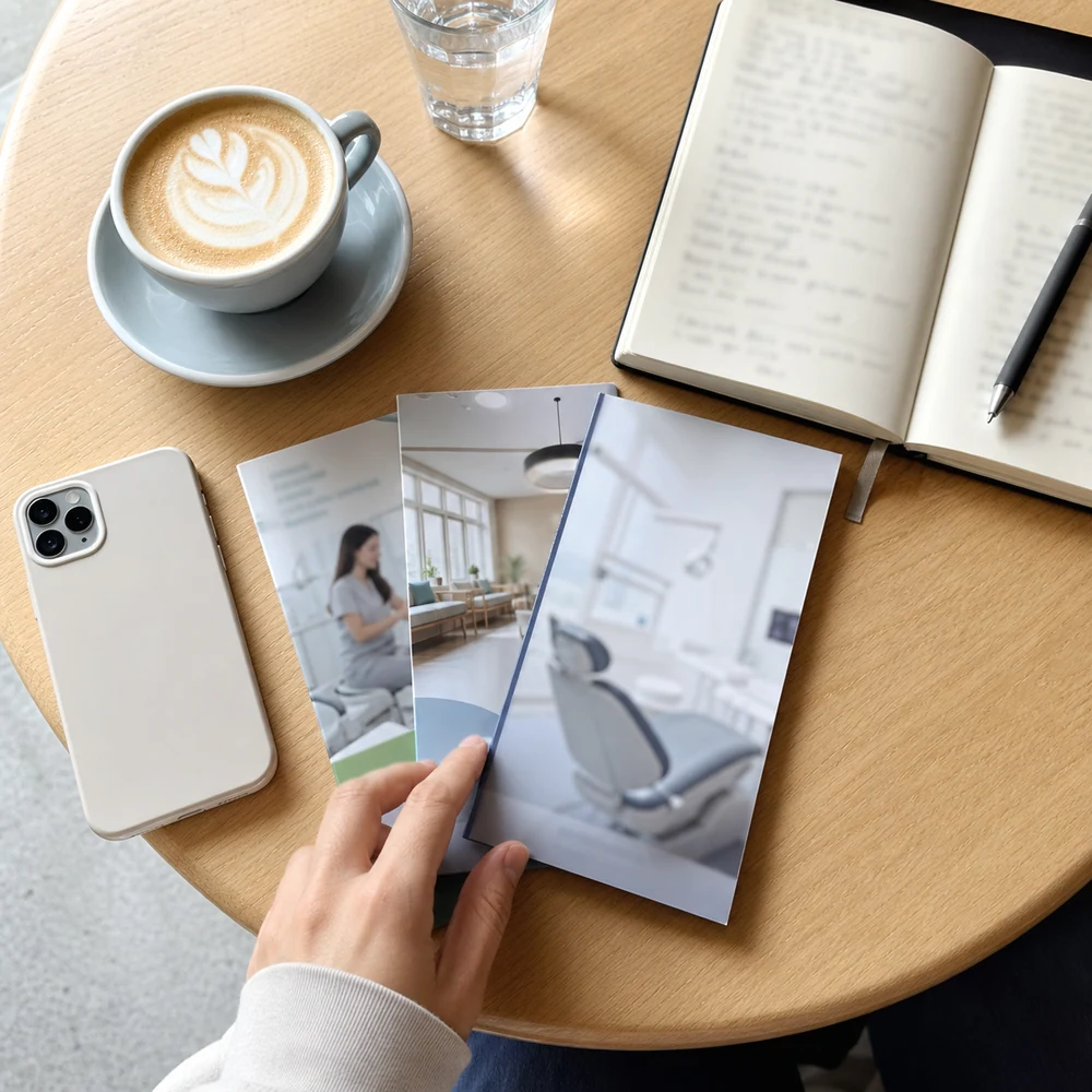 Dental clinic brochures, a notebook and coffee on a bright café table
