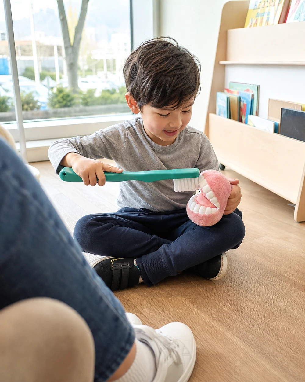 A child playing with a large toothbrush and plush teeth model